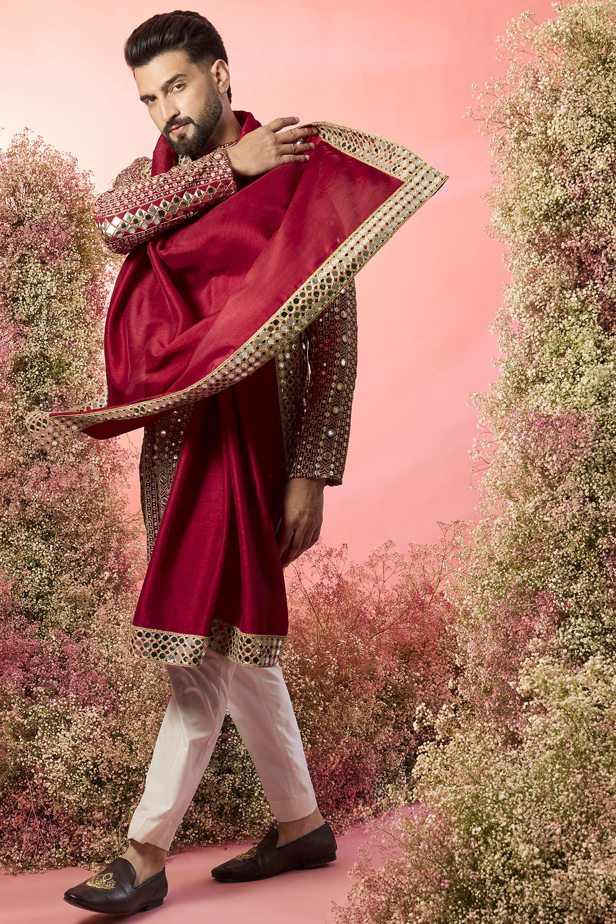 Maroon Georgette Mirror Work Kurta With Stole by Kasbah Clothing