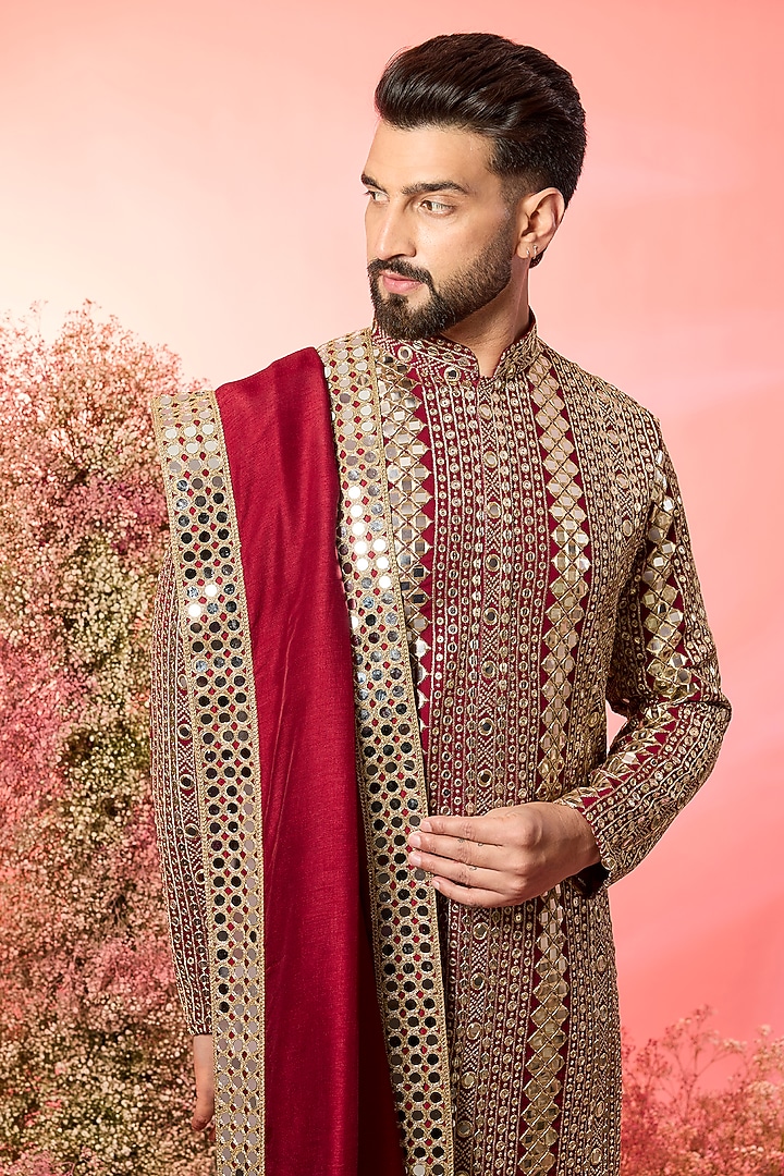 Maroon Georgette Mirror Work Kurta With Stole by Kasbah Clothing at Pernia's Pop Up Shop