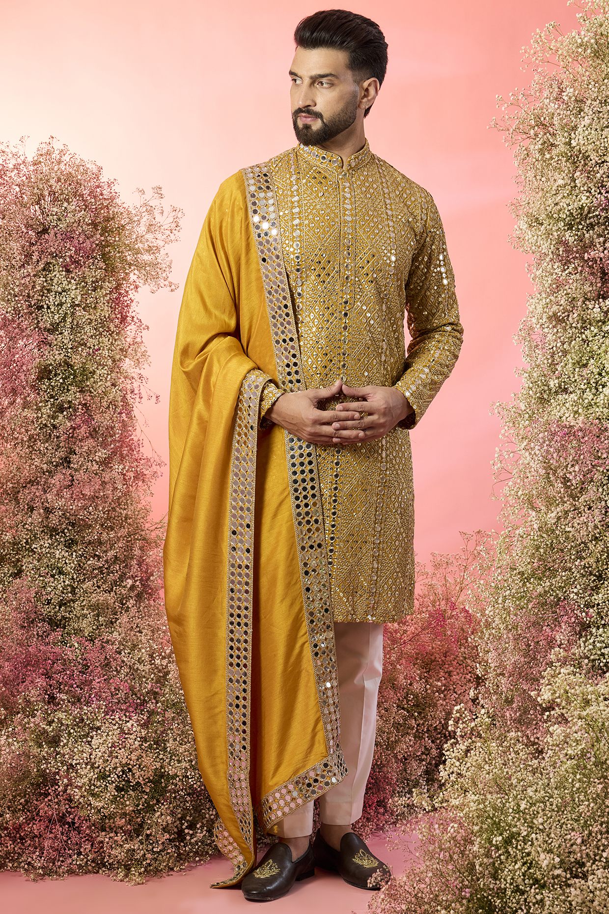 Mustard Georgette Mirror Work Kurta With Stole by Kasbah Clothing