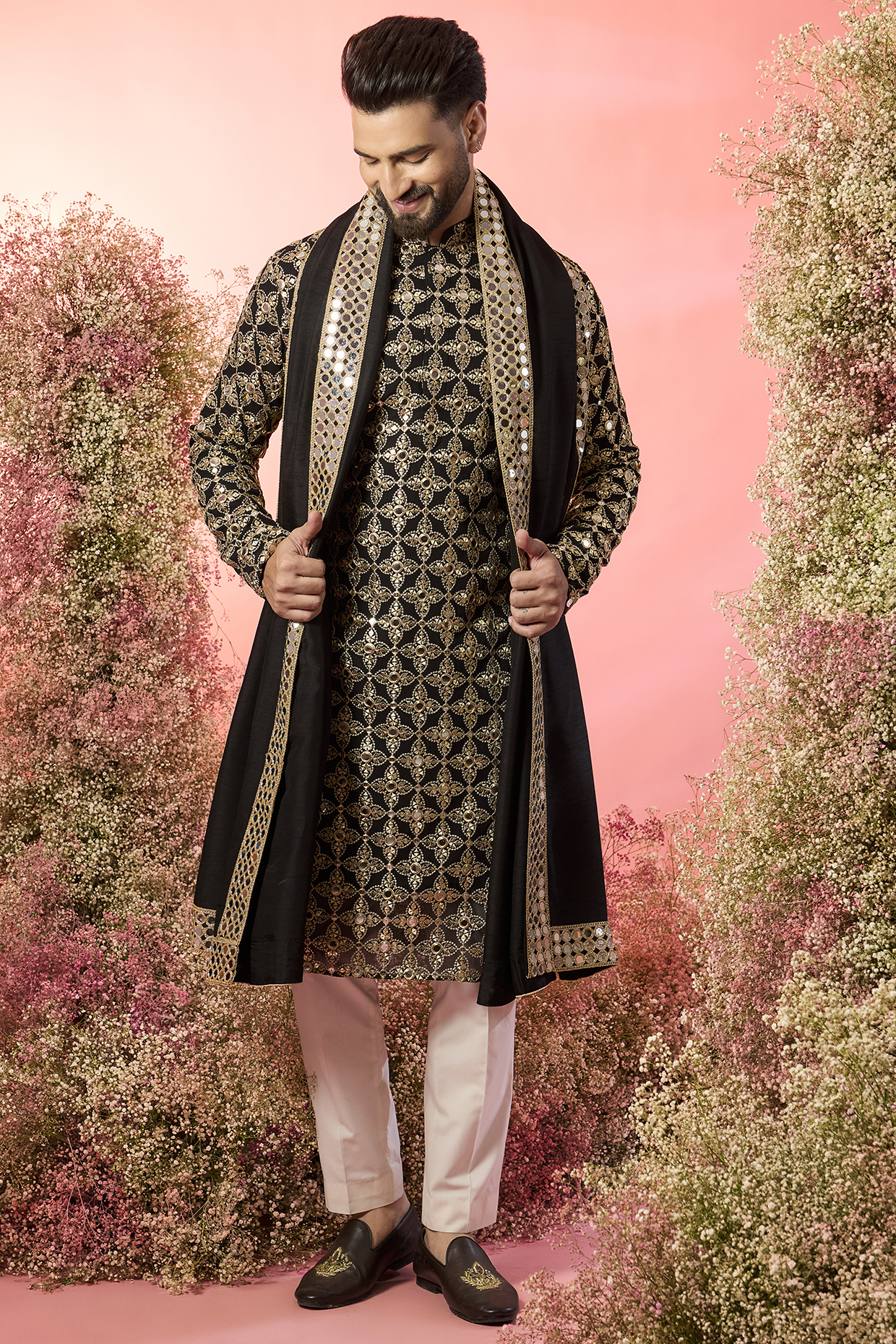 Black Georgette Mirror Work Kurta With Stole by Kasbah Clothing
