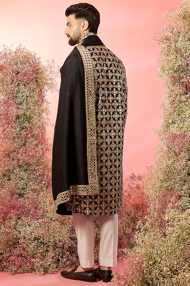 Black Georgette Mirror Work Kurta With Stole by Kasbah Clothing at Pernia's Pop Up Shop