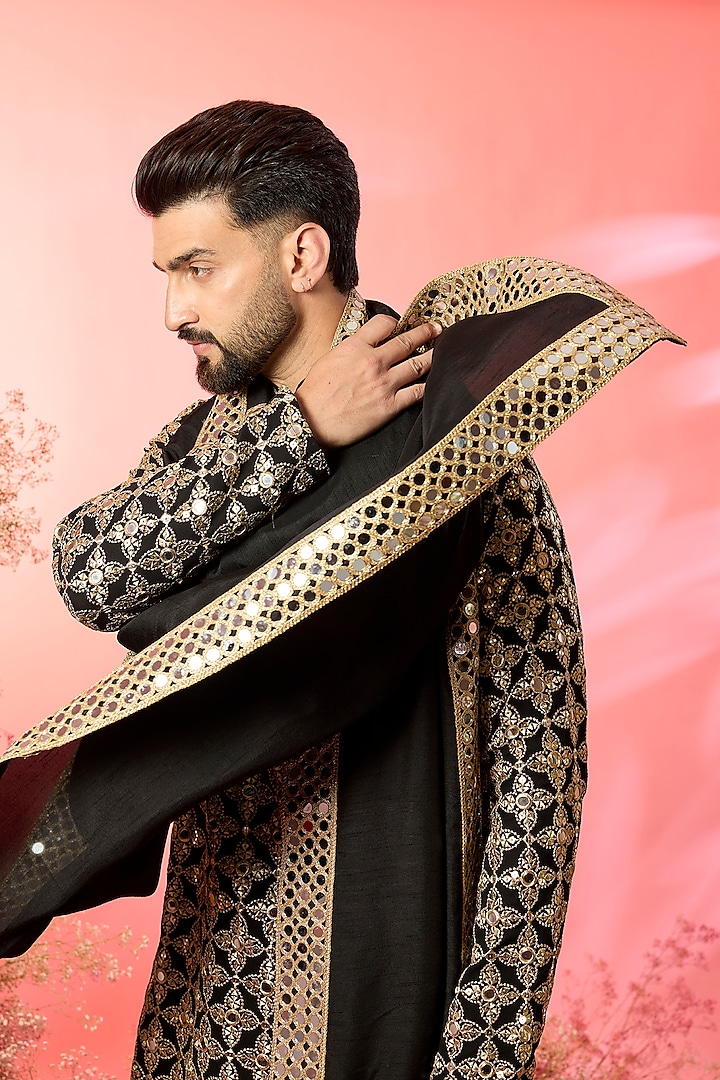 Black Georgette Mirror Work Kurta With Stole by Kasbah Clothing at Pernia's Pop Up Shop