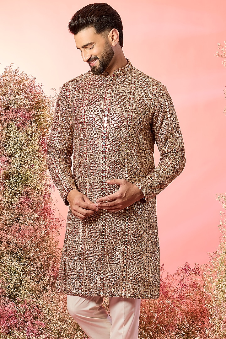 Maroon Georgette Mirror Work Kurta by Kasbah Clothing at Pernia's Pop Up Shop