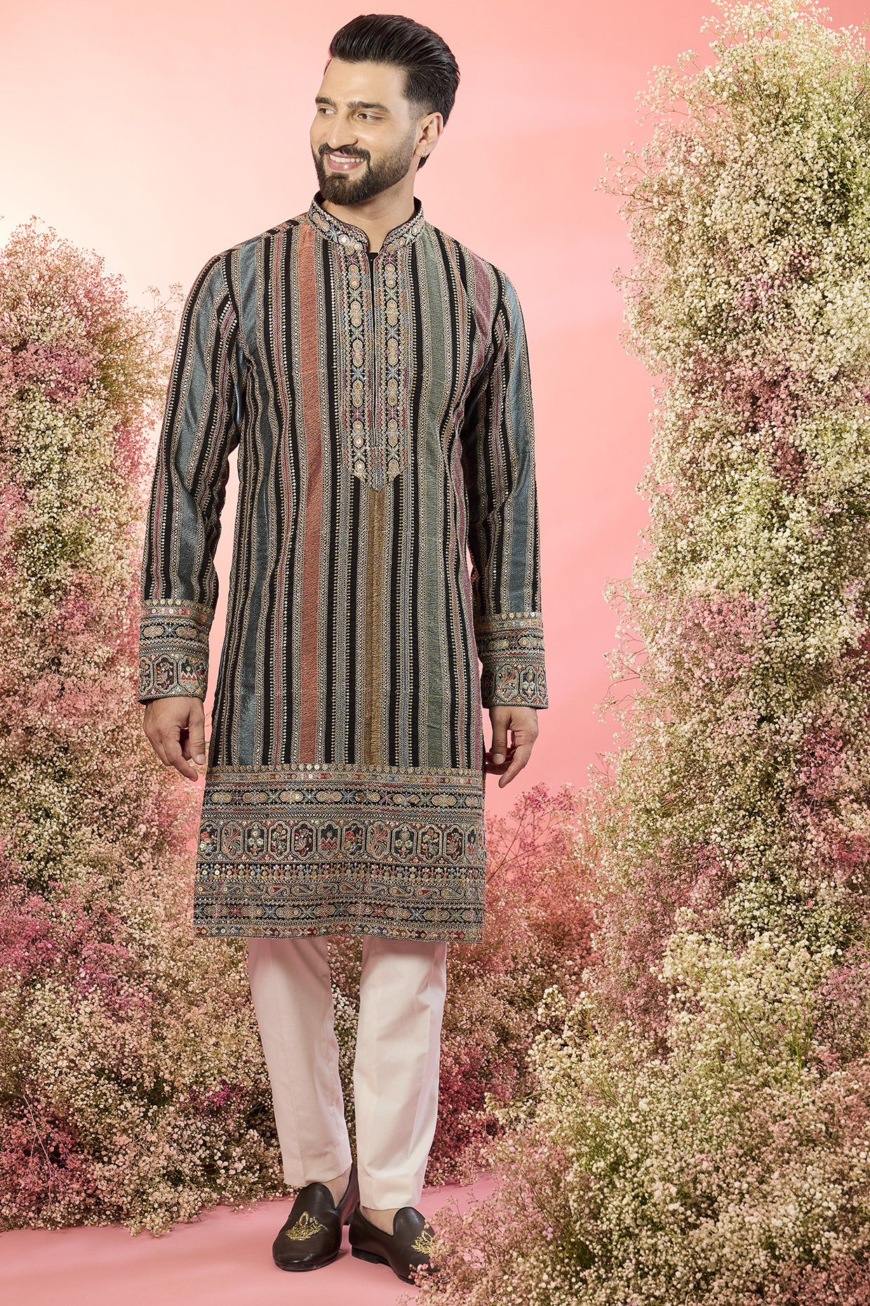 Multi-Colored Georgette Hand Embroidered Kurta by Kasbah Clothing