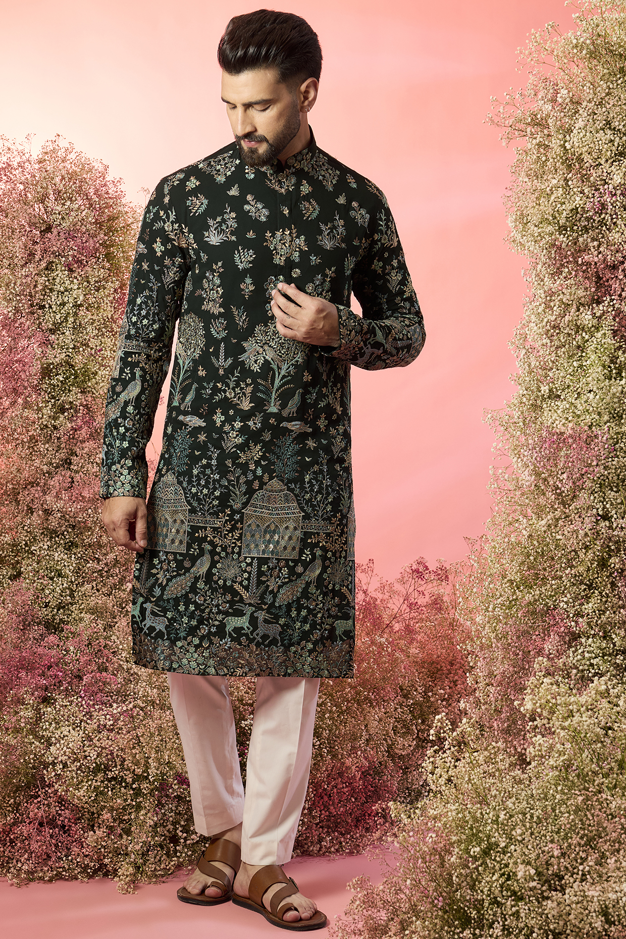 Green Georgette Flora & Fauna Embroidered Chikankari Kurta by Kasbah Clothing