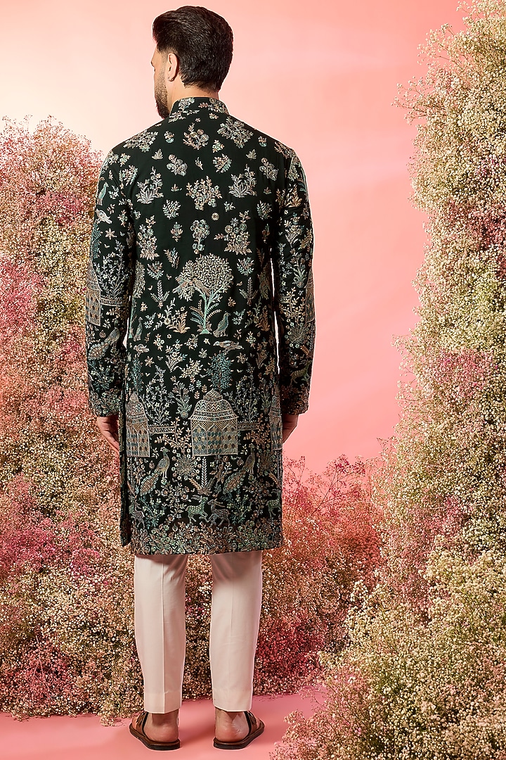 Green Georgette Flora & Fauna Embroidered Chikankari Kurta by Kasbah Clothing at Pernia's Pop Up Shop
