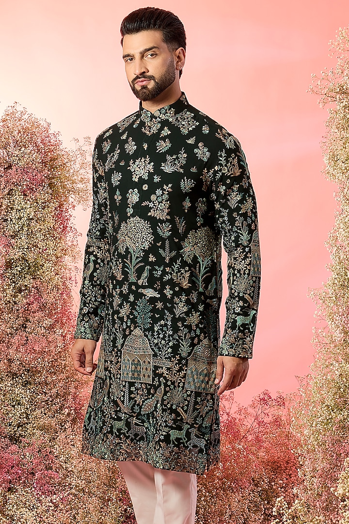 Green Georgette Flora & Fauna Embroidered Chikankari Kurta by Kasbah Clothing at Pernia's Pop Up Shop