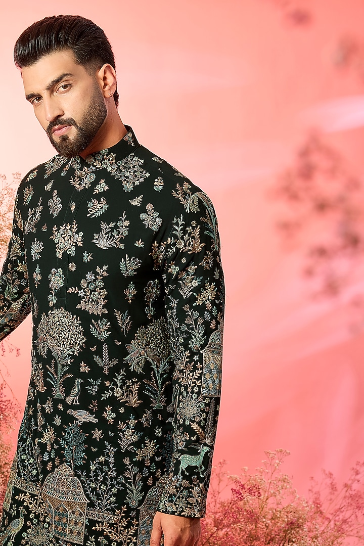 Green Georgette Flora & Fauna Embroidered Chikankari Kurta by Kasbah Clothing at Pernia's Pop Up Shop