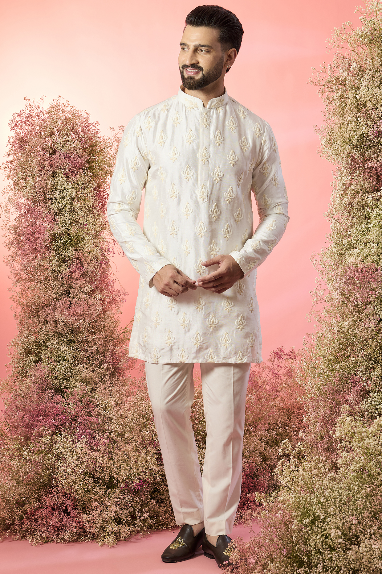 Ivory Silk Threadwork Chikankari Kurta by Kasbah Clothing