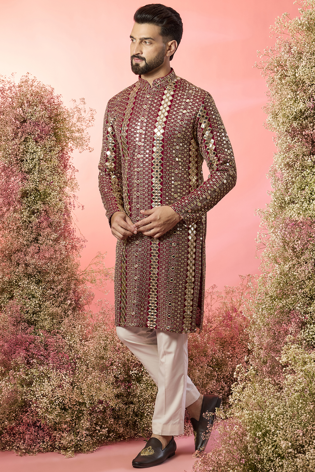 Maroon Georgette Mirror Work Kurta by Kasbah Clothing