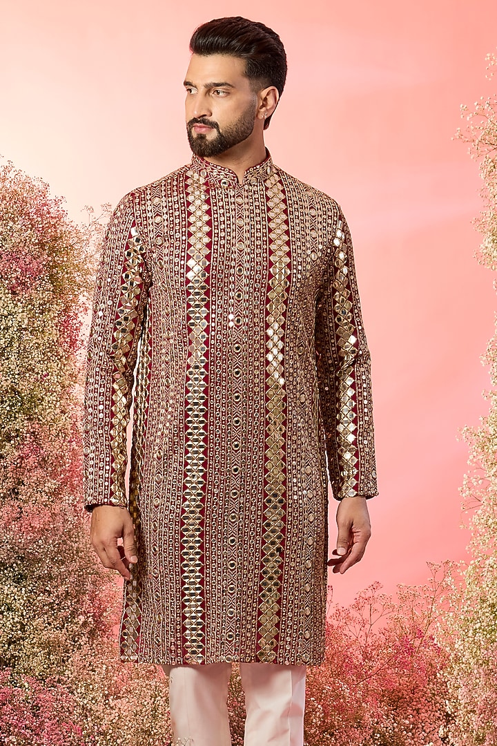 Maroon Georgette Mirror Work Kurta by Kasbah Clothing at Pernia's Pop Up Shop