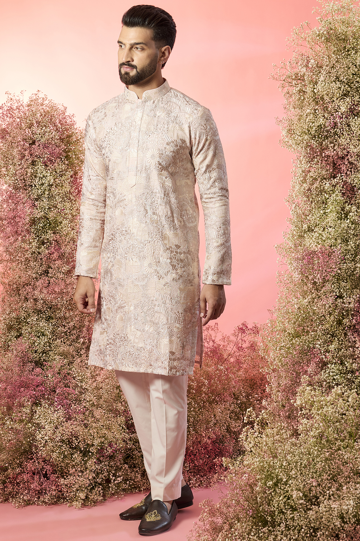 Pink Silk Floral Embroidered Kurta by Kasbah Clothing