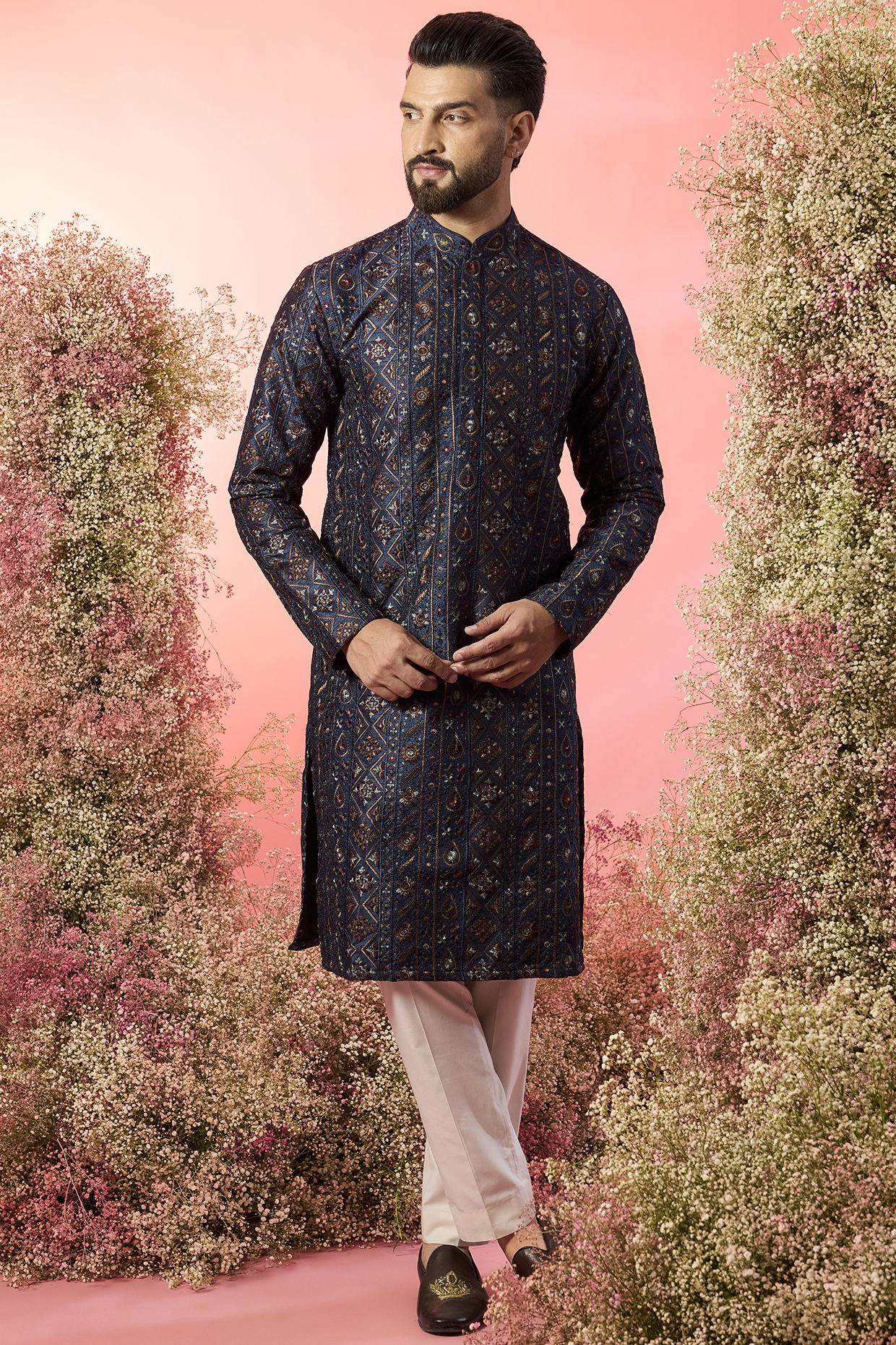 Blue Silk Thread Embroidered Chikankari Kurta by Kasbah Clothing
