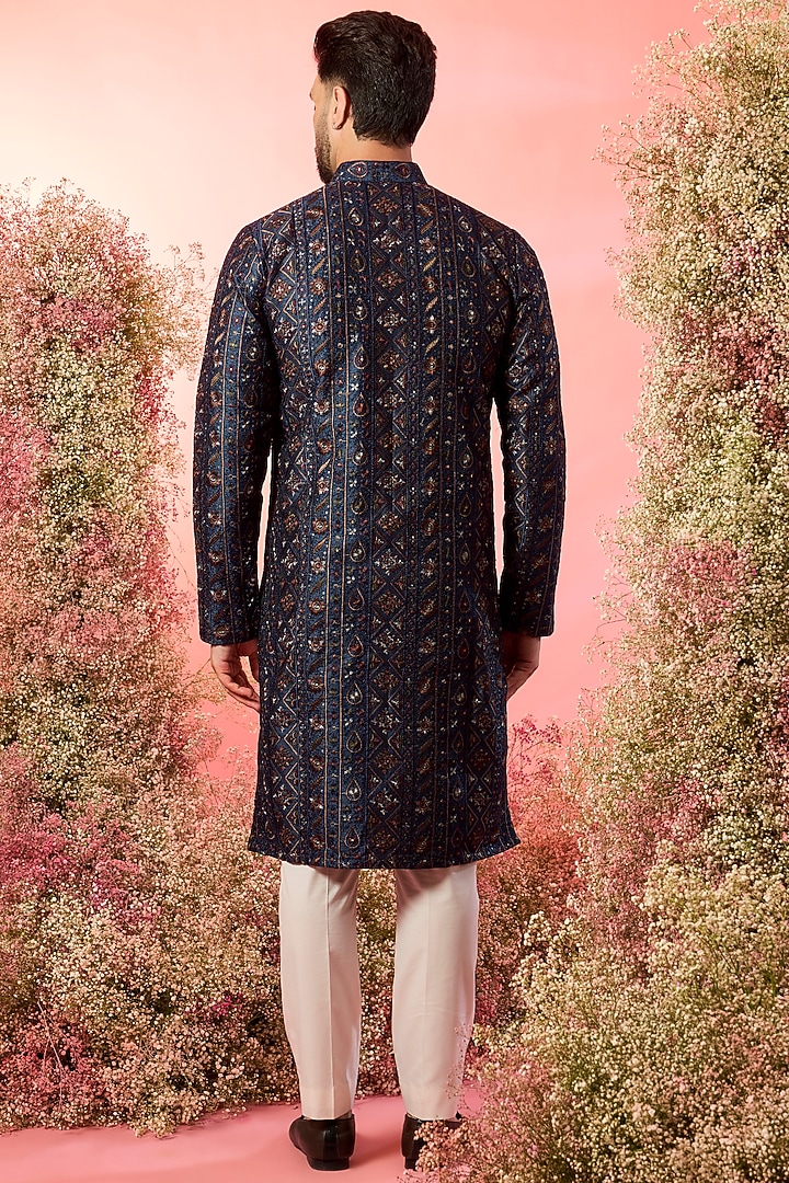 Blue Silk Thread Embroidered Chikankari Kurta by Kasbah Clothing at Pernia's Pop Up Shop
