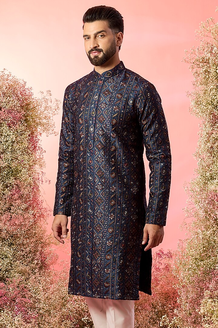 Blue Silk Thread Embroidered Chikankari Kurta by Kasbah Clothing at Pernia's Pop Up Shop