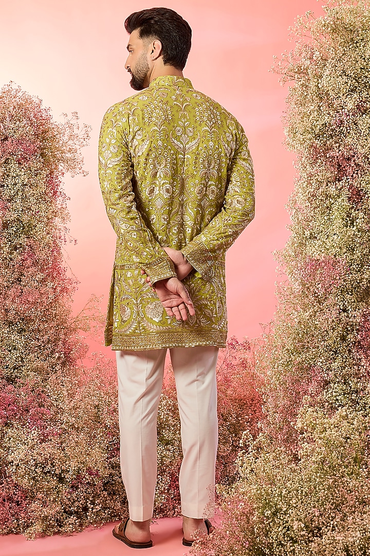 Green Georgette Threadwork Chikankari Short Kurta by Kasbah Clothing at Pernia's Pop Up Shop