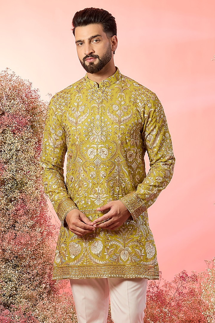 Green Georgette Threadwork Chikankari Short Kurta by Kasbah Clothing at Pernia's Pop Up Shop