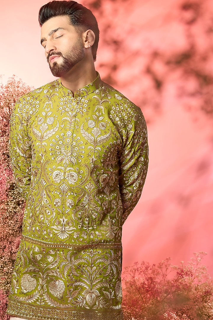 Green Georgette Threadwork Chikankari Short Kurta by Kasbah Clothing at Pernia's Pop Up Shop
