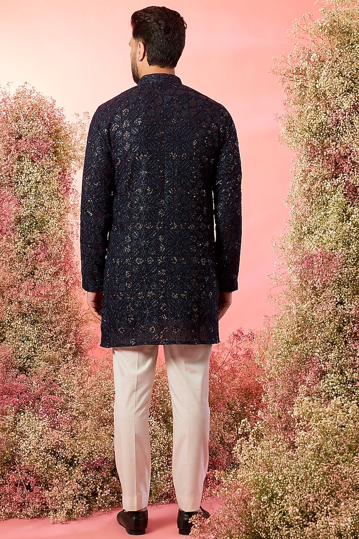 Blue Georgette Thread Embroidered Short Kurta by Kasbah Clothing at Pernia's Pop Up Shop