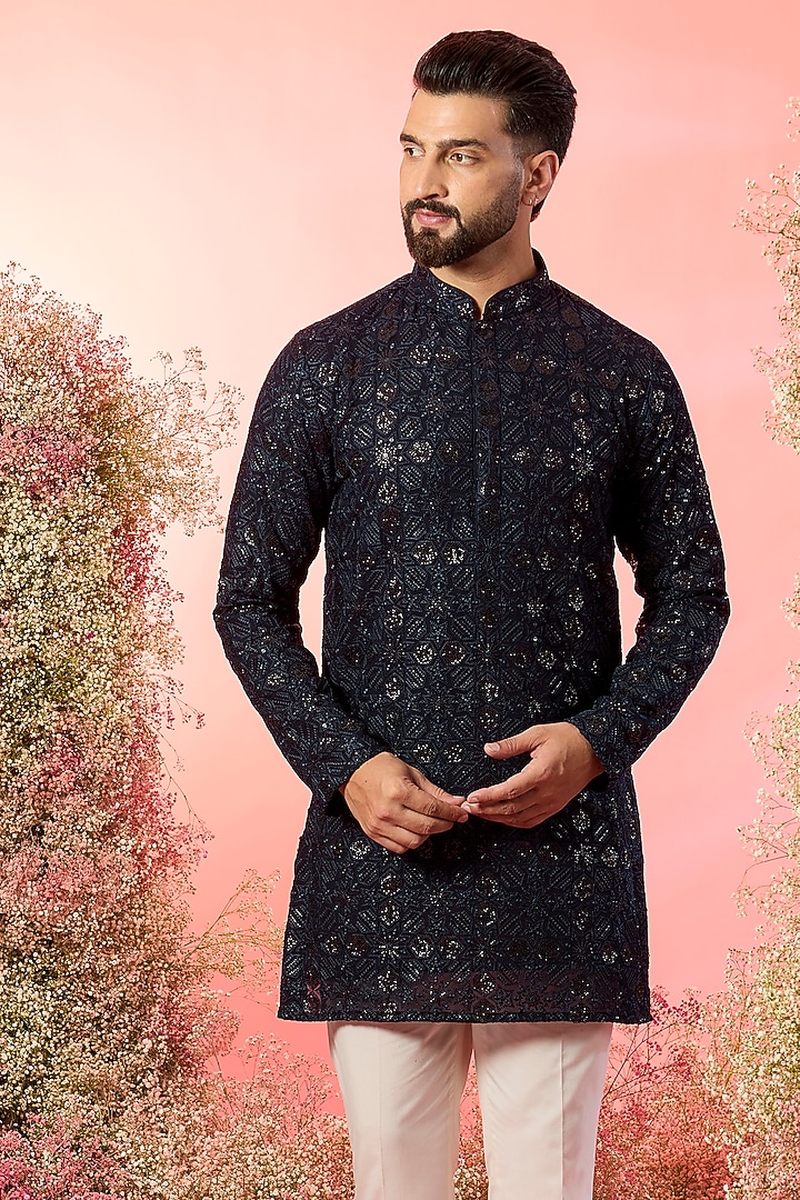 Blue Georgette Thread Embroidered Short Kurta by Kasbah Clothing at Pernia's Pop Up Shop