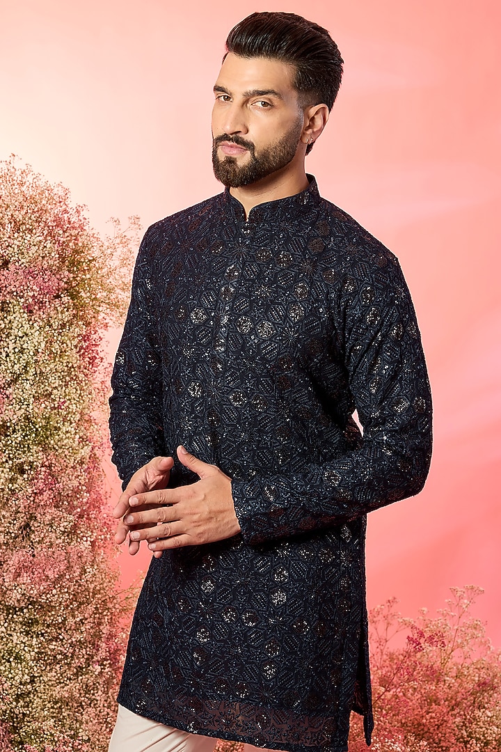 Blue Georgette Thread Embroidered Short Kurta by Kasbah Clothing at Pernia's Pop Up Shop
