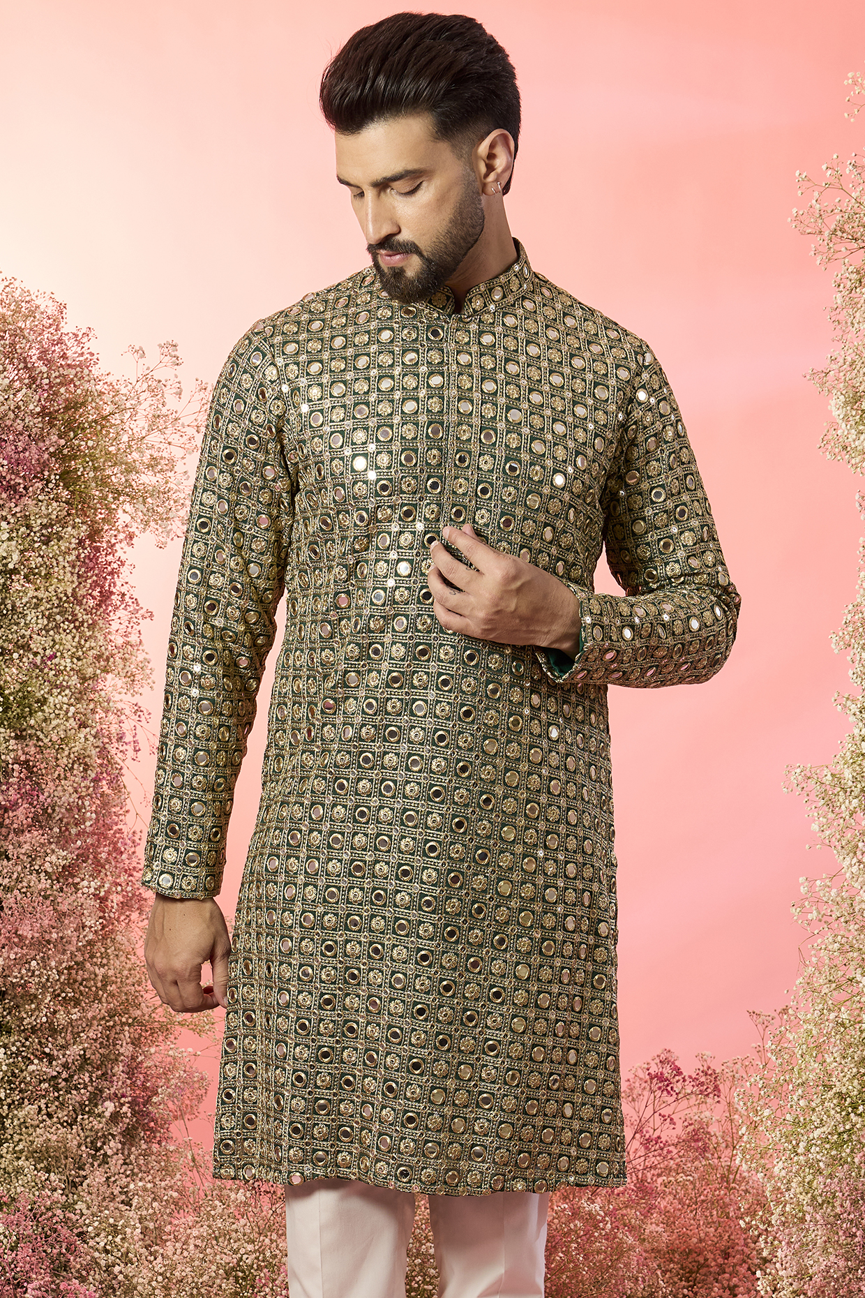Bottle Green Georgette Mirror Work Kurta by Kasbah Clothing