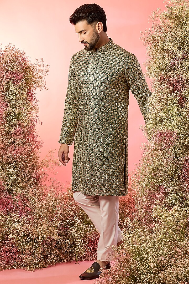 Bottle Green Georgette Mirror Work Kurta by Kasbah Clothing at Pernia's Pop Up Shop