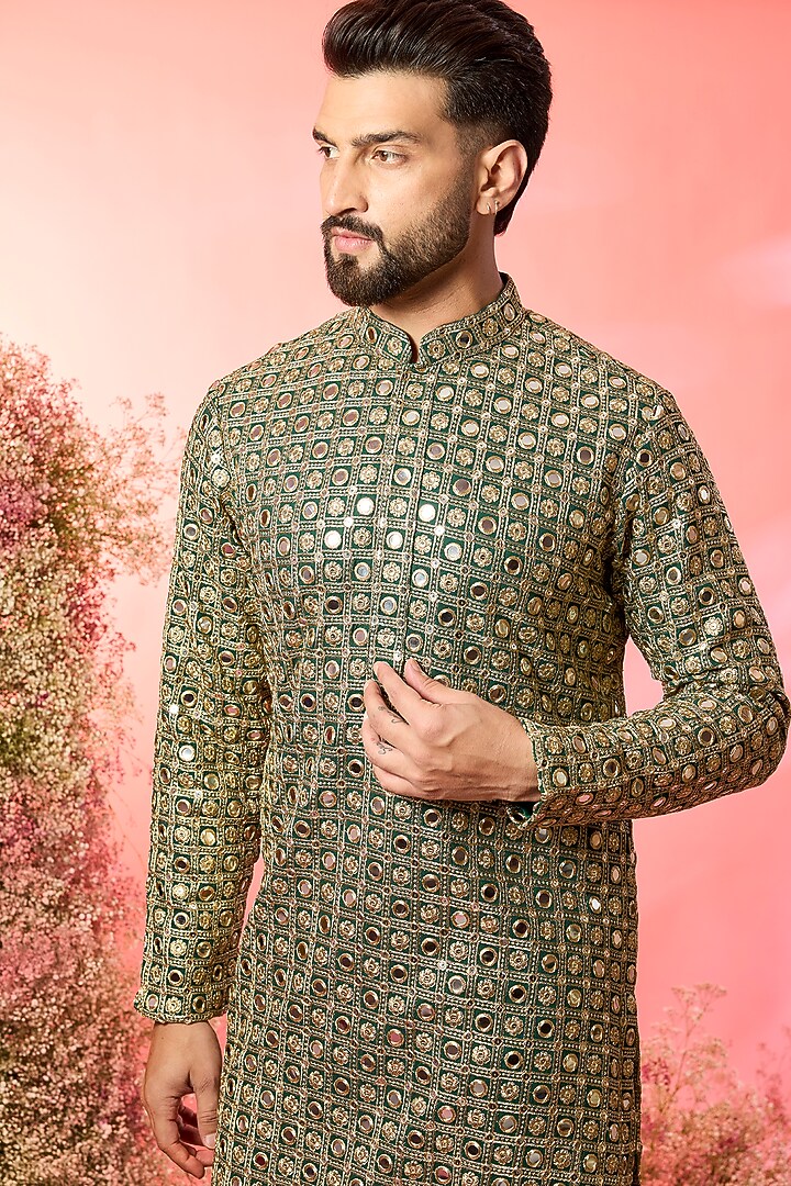Bottle Green Georgette Mirror Work Kurta by Kasbah Clothing at Pernia's Pop Up Shop