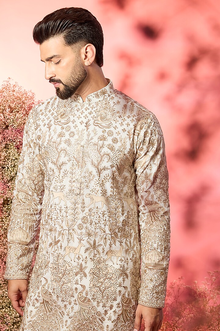 White Georgette Zari Embroidered Kurta by Kasbah Clothing at Pernia's Pop Up Shop