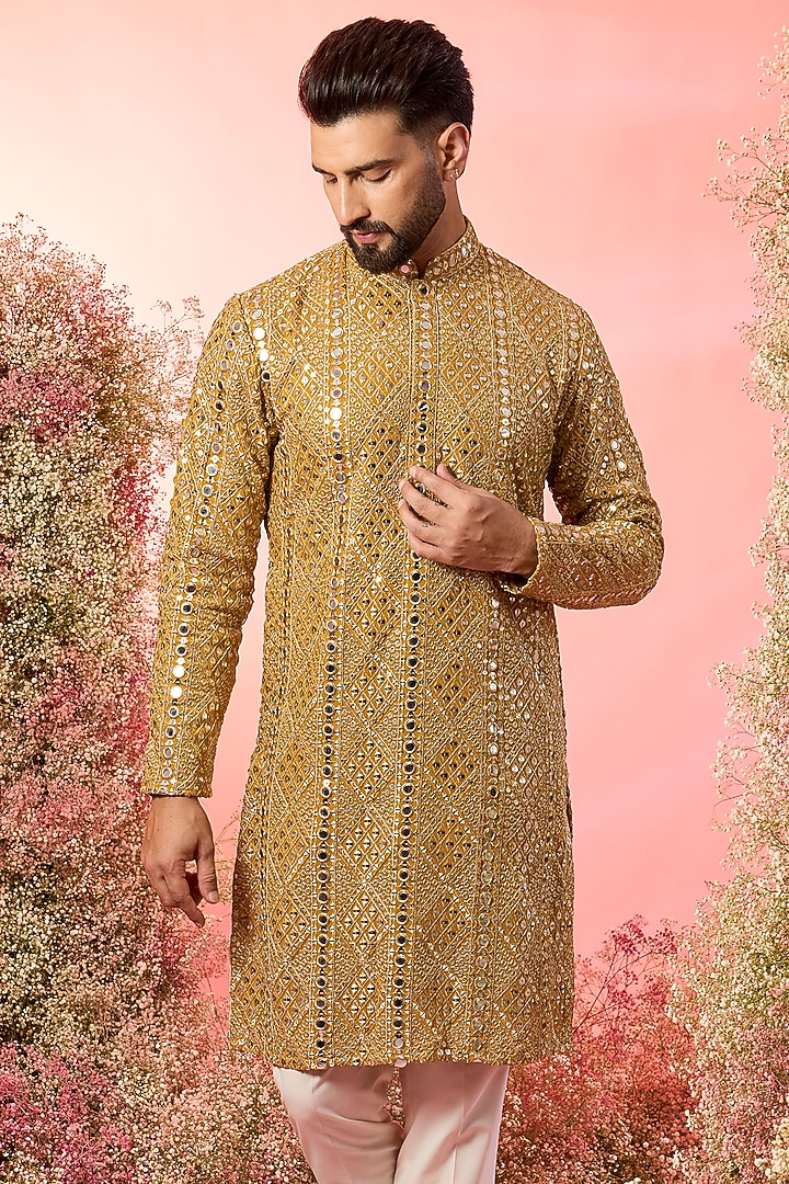 Mustard Yellow Georgette Mirror Work Kurta by Kasbah Clothing at Pernia's Pop Up Shop