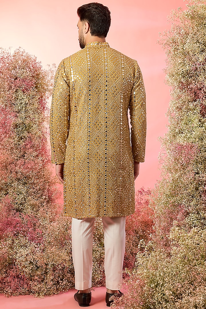 Mustard Yellow Georgette Mirror Work Kurta by Kasbah Clothing at Pernia's Pop Up Shop