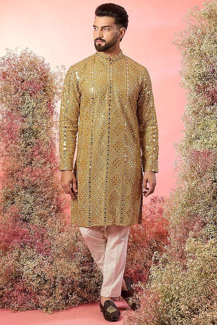 Mustard Yellow Georgette Mirror Work Kurta by Kasbah Clothing at Pernia's Pop Up Shop