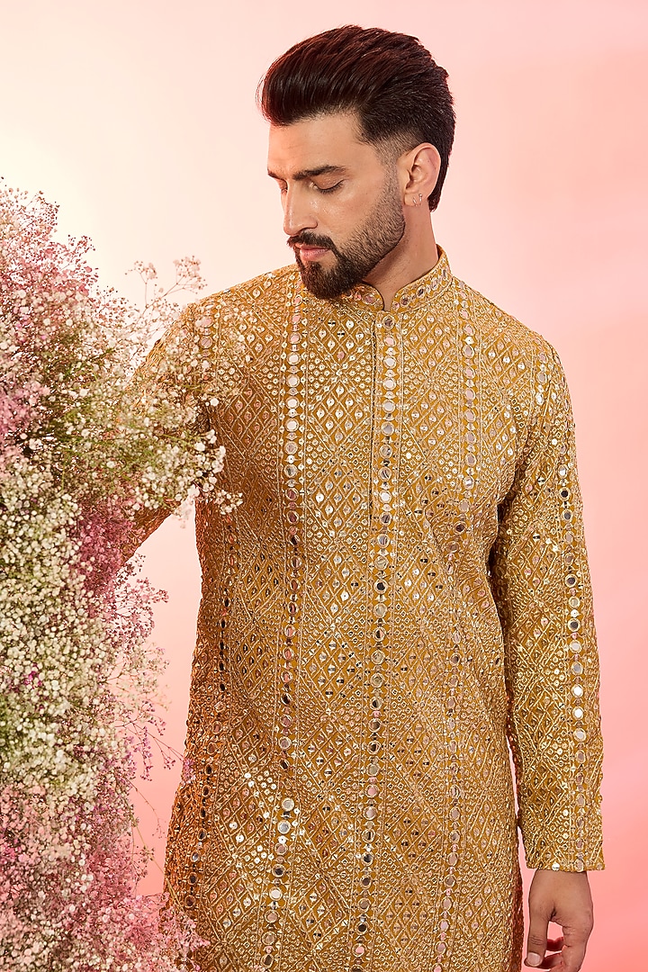 Mustard Yellow Georgette Mirror Work Kurta by Kasbah Clothing at Pernia's Pop Up Shop