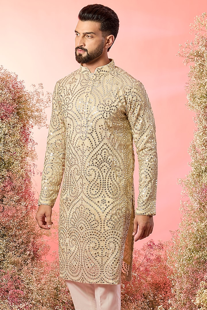 Golden Tissue Chanderi Zari Work Kurta by Kasbah Clothing at Pernia's Pop Up Shop