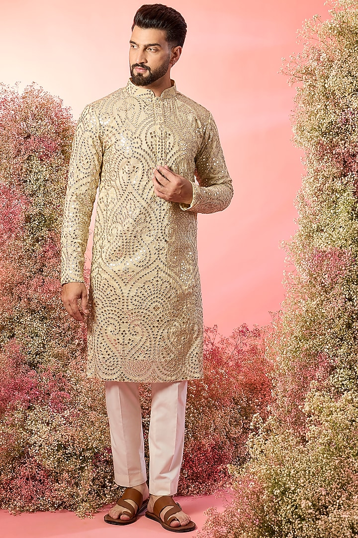 Golden Tissue Chanderi Zari Work Kurta by Kasbah Clothing at Pernia's Pop Up Shop