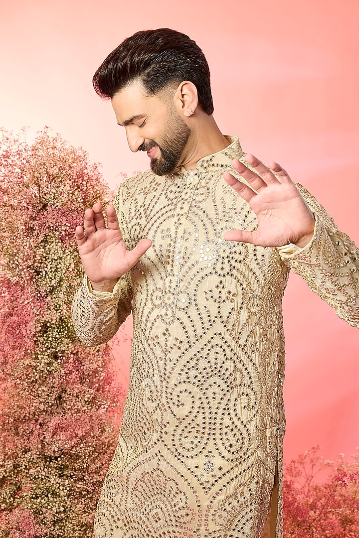 Golden Tissue Chanderi Zari Work Kurta by Kasbah Clothing at Pernia's Pop Up Shop