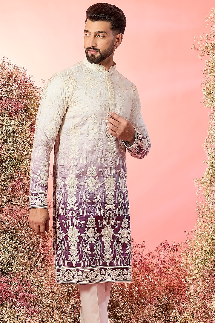 White-Purple Ombre Silk Chikankari Embroidered Kurta by Kasbah Clothing at Pernia's Pop Up Shop