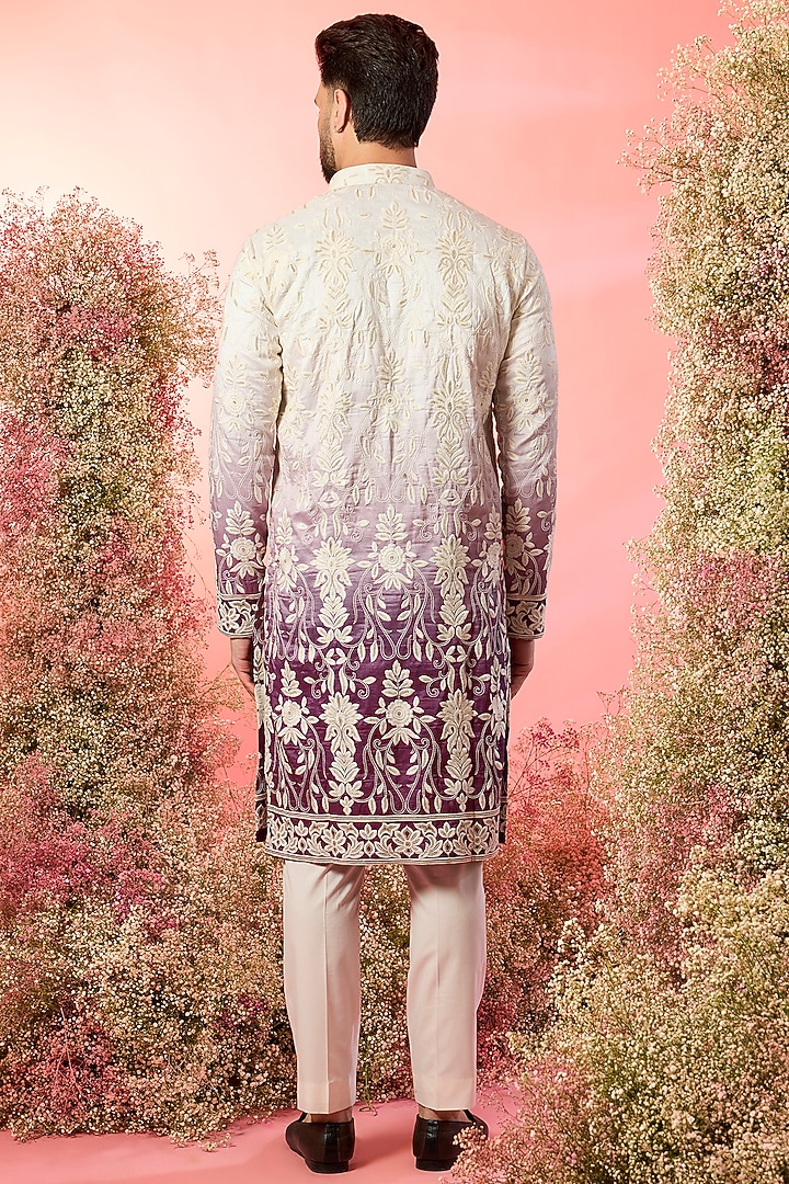 White-Purple Ombre Silk Chikankari Embroidered Kurta by Kasbah Clothing at Pernia's Pop Up Shop