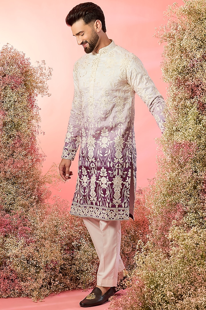 White-Purple Ombre Silk Chikankari Embroidered Kurta by Kasbah Clothing at Pernia's Pop Up Shop