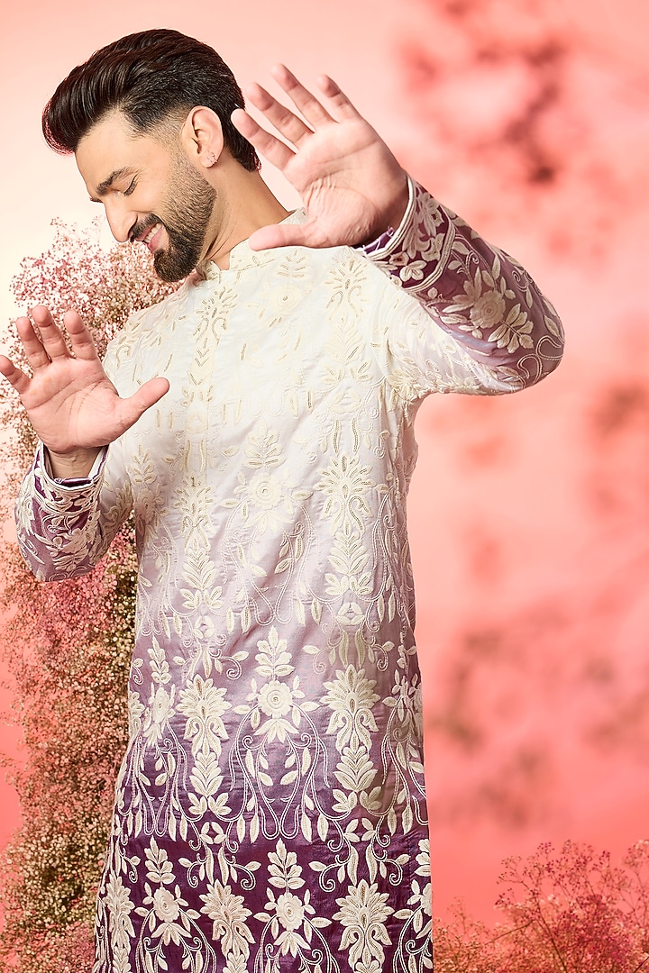 White-Purple Ombre Silk Chikankari Embroidered Kurta by Kasbah Clothing at Pernia's Pop Up Shop