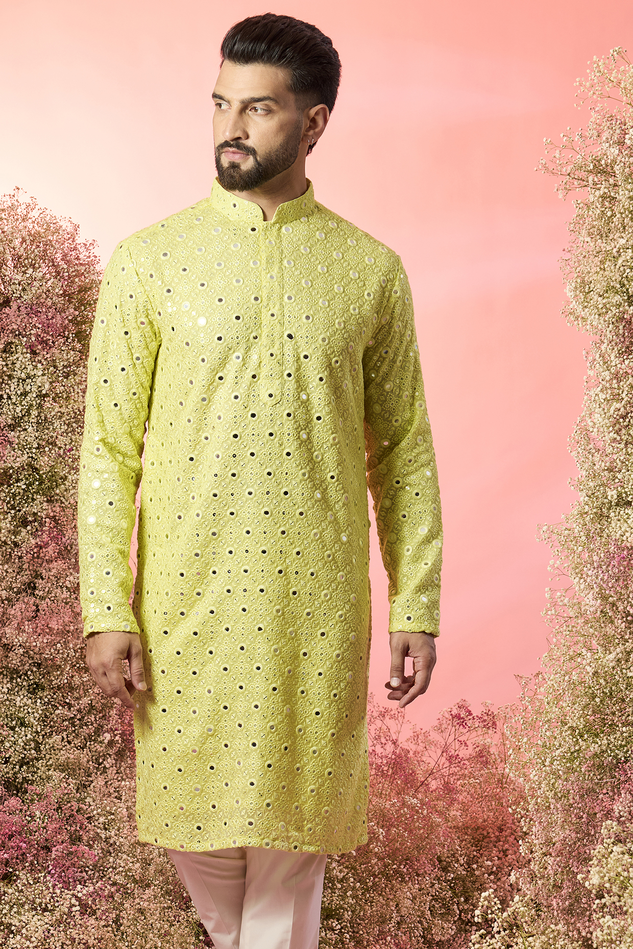Yellow Georgette Thread Work Kurta by Kasbah Clothing