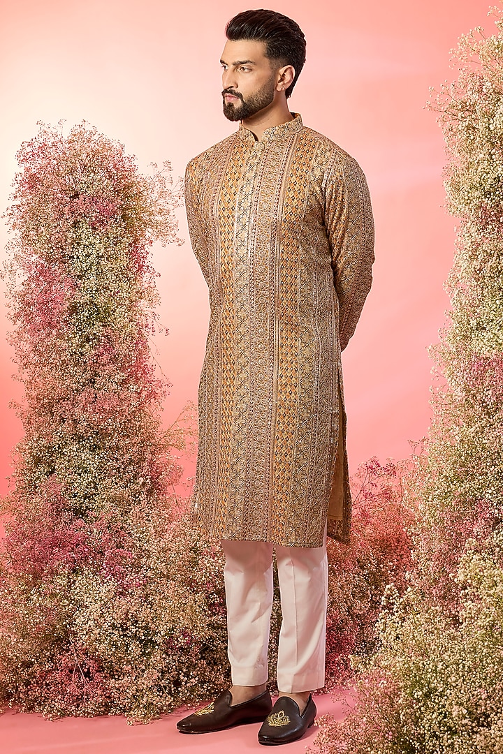 Mustard Yellow Georgette Zari Work Kurta by Kasbah Clothing at Pernia's Pop Up Shop