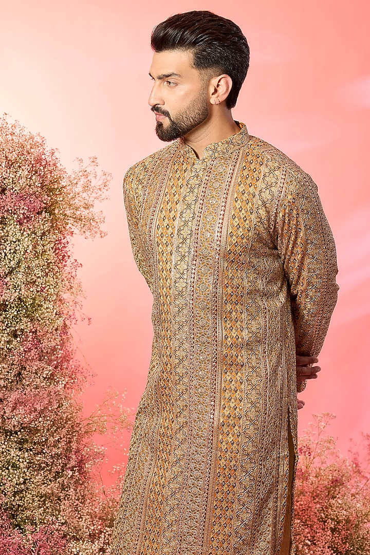Mustard Yellow Georgette Zari Work Kurta by Kasbah Clothing at Pernia's Pop Up Shop