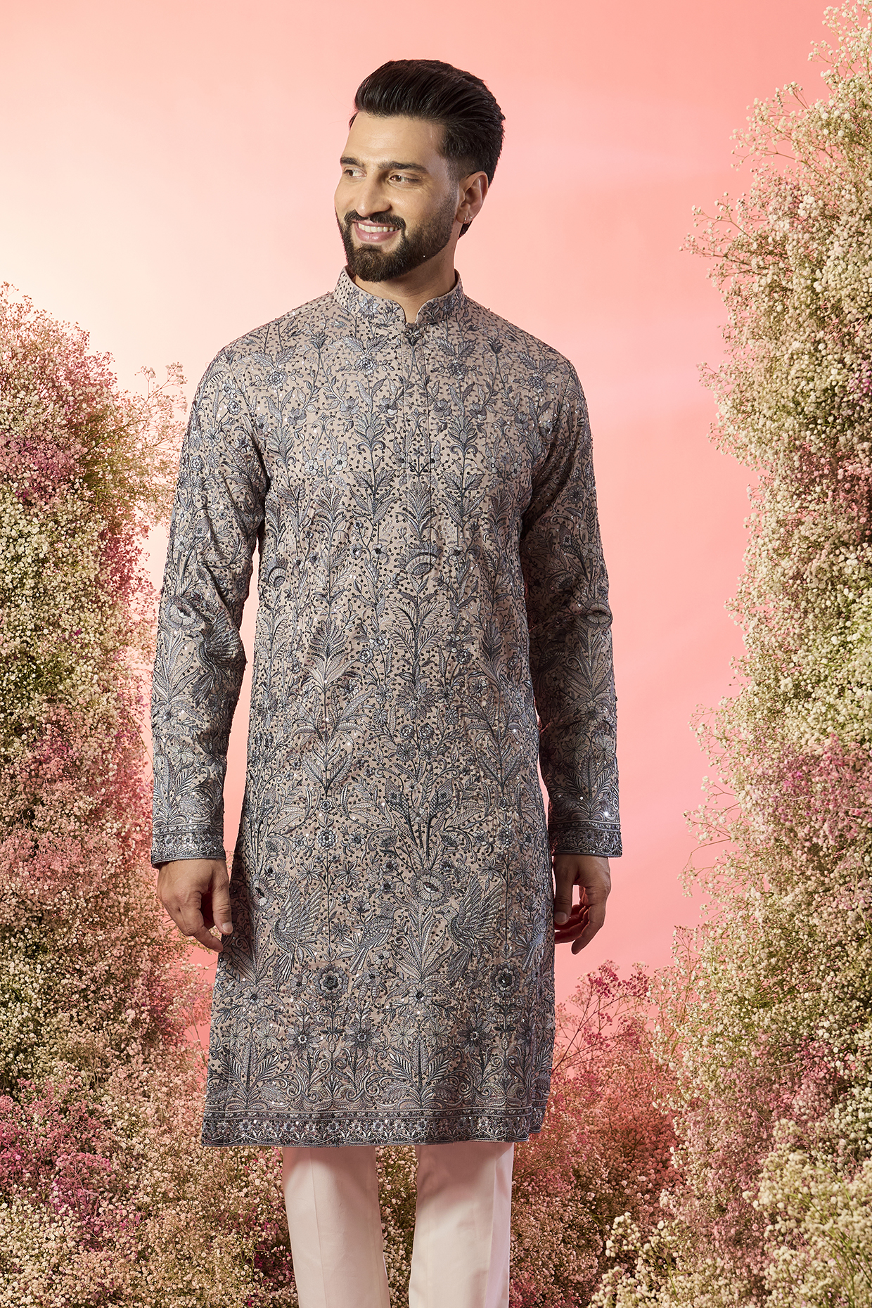 Beige Georgette Thread Work Chikankari Kurta by Kasbah Clothing