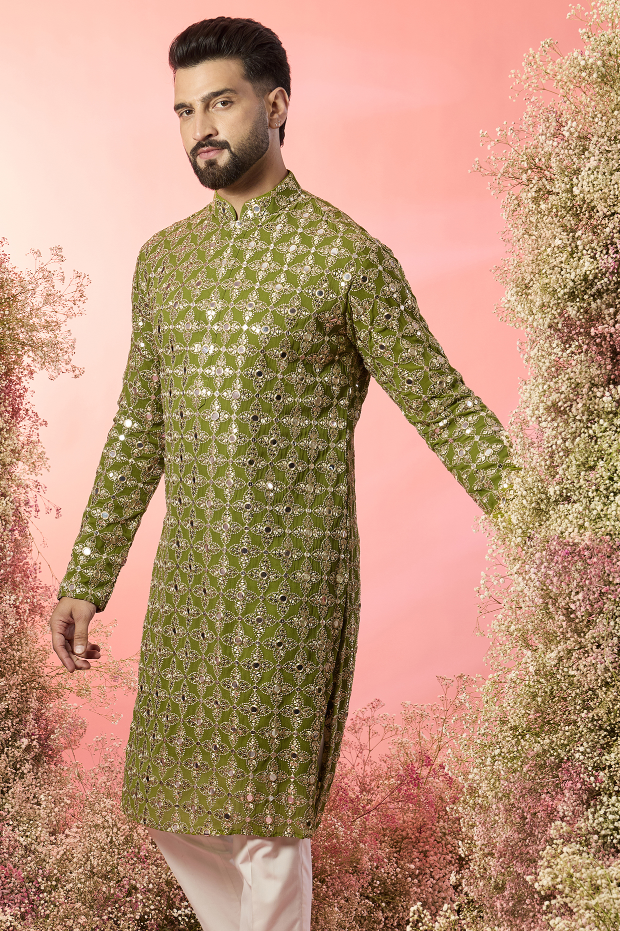 Lime Green Georgette Zari Embroidered Kurta by Kasbah Clothing