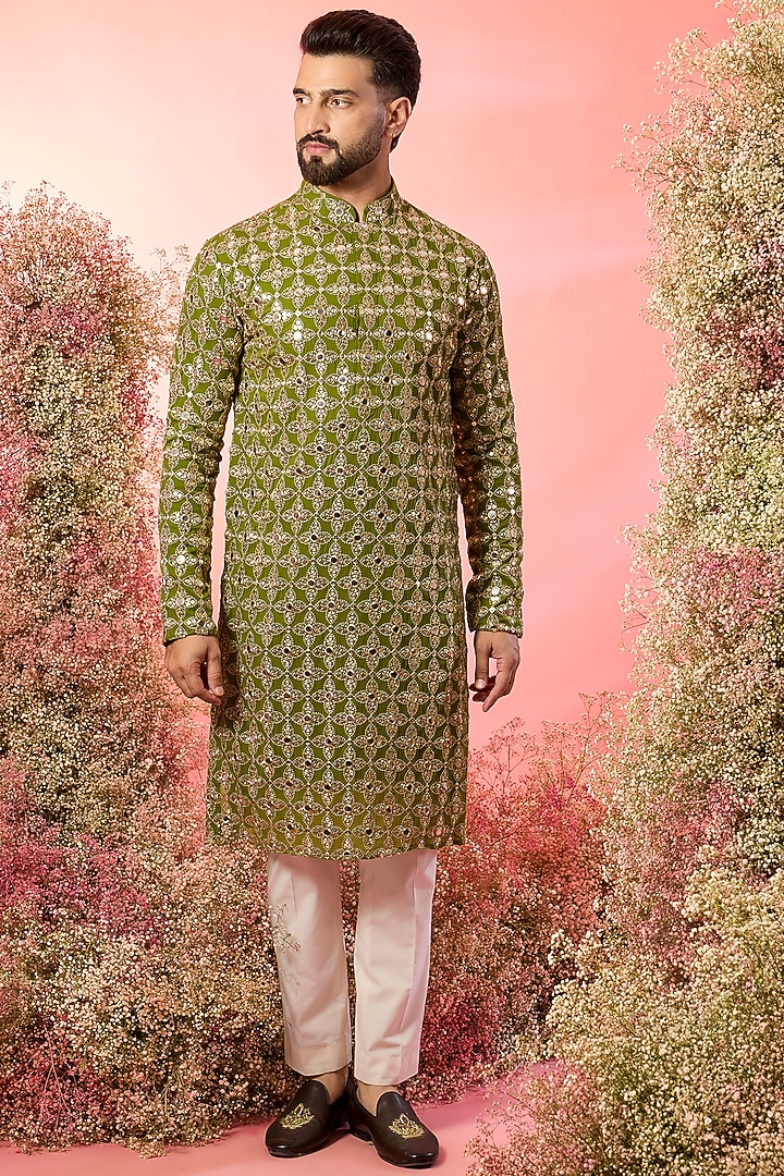 Lime Green Georgette Zari Embroidered Kurta by Kasbah Clothing at Pernia's Pop Up Shop