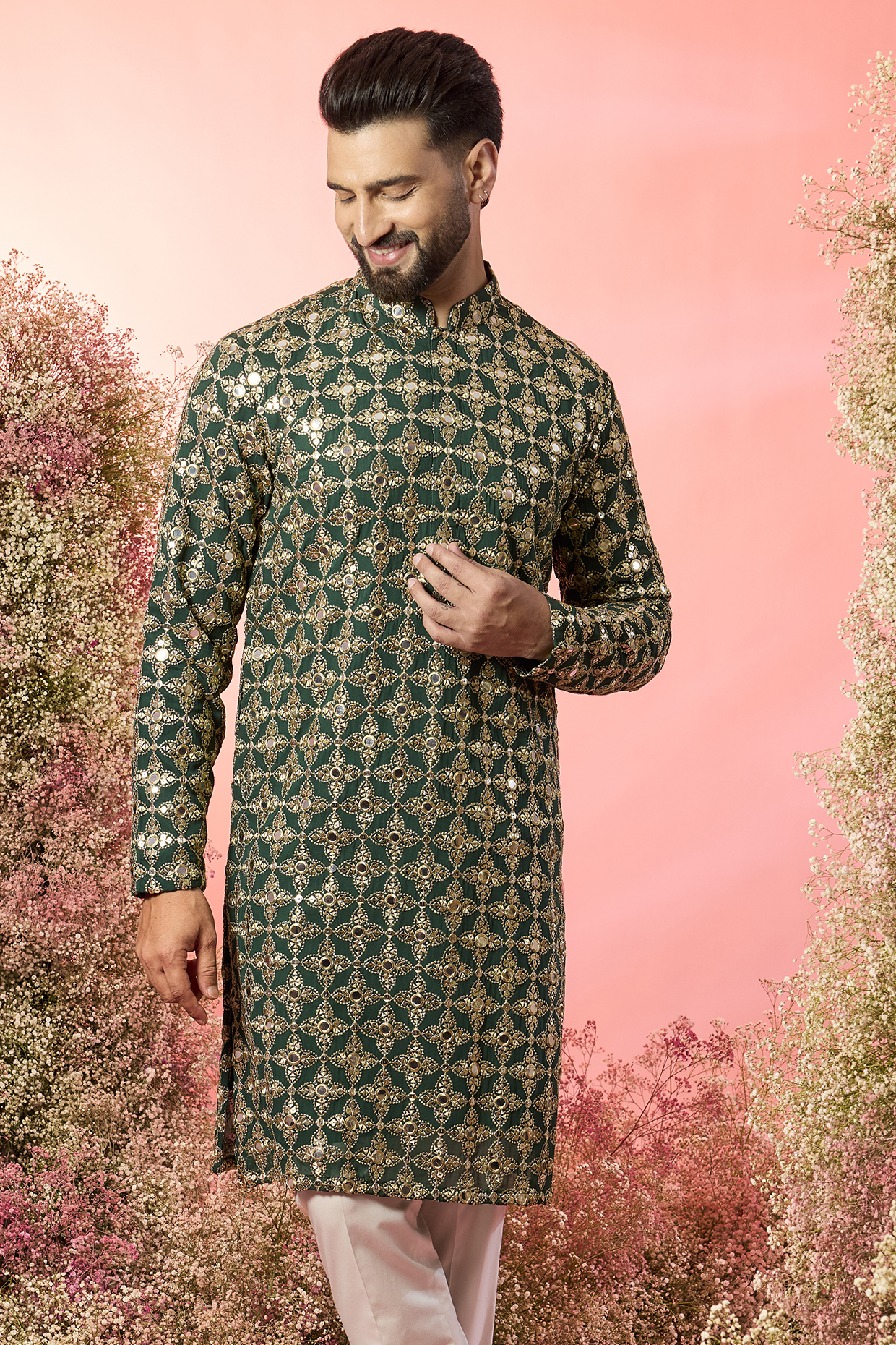 Bottle Green Georgette Mirror Work Kurta by Kasbah Clothing