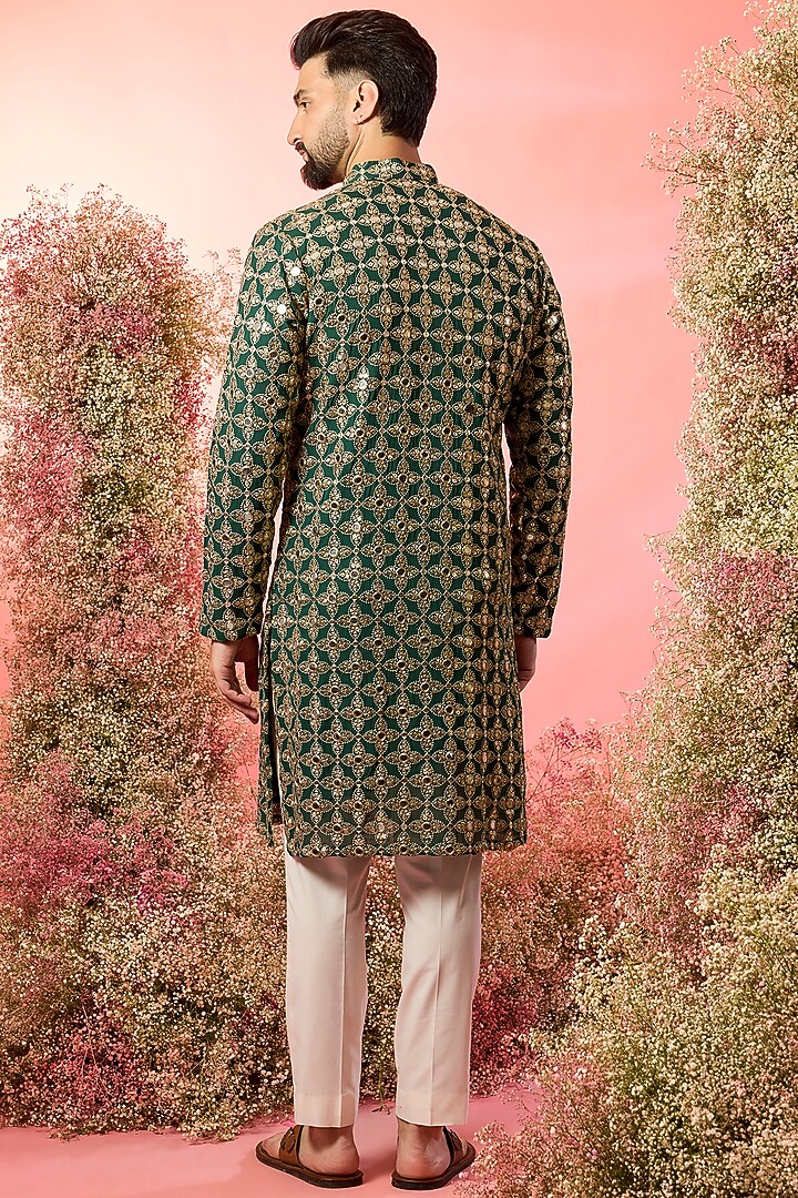 Bottle Green Georgette Mirror Work Kurta by Kasbah Clothing at Pernia's Pop Up Shop
