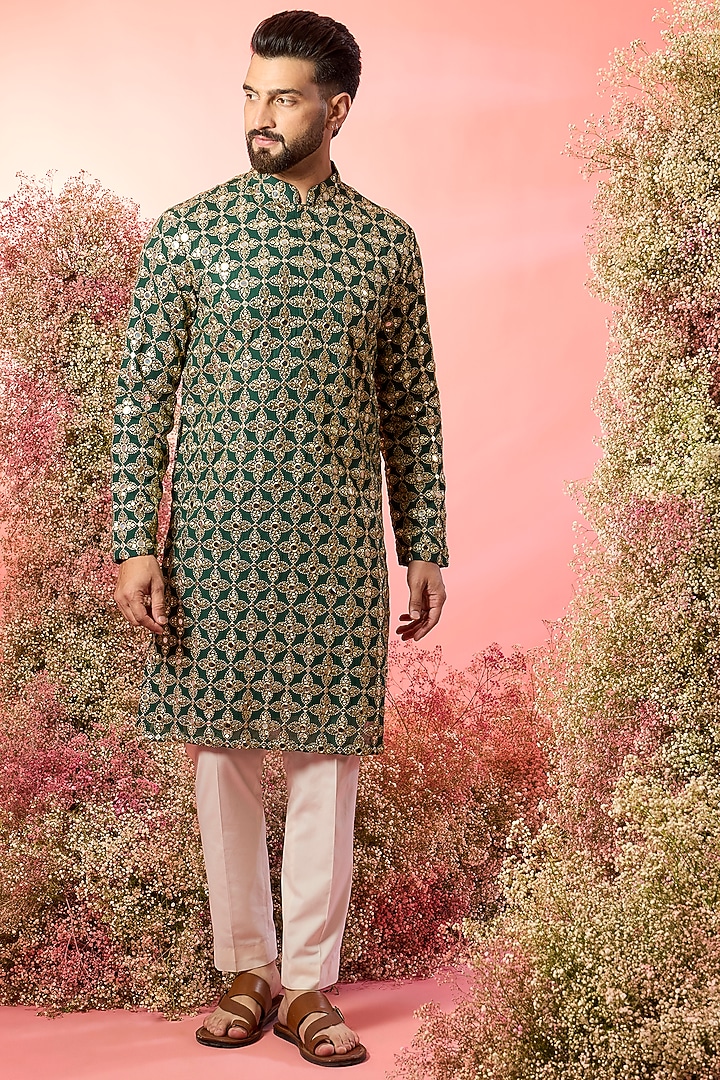 Bottle Green Georgette Mirror Work Kurta by Kasbah Clothing at Pernia's Pop Up Shop