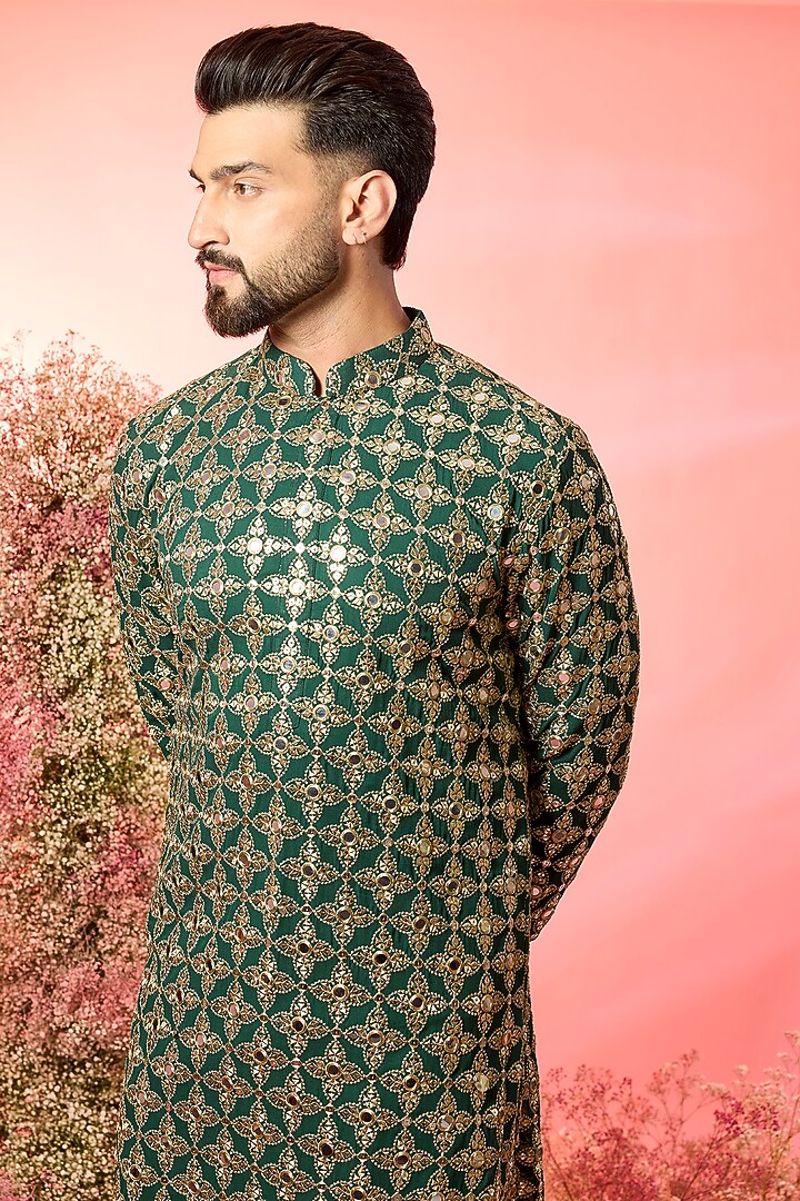 Bottle Green Georgette Mirror Work Kurta by Kasbah Clothing at Pernia's Pop Up Shop